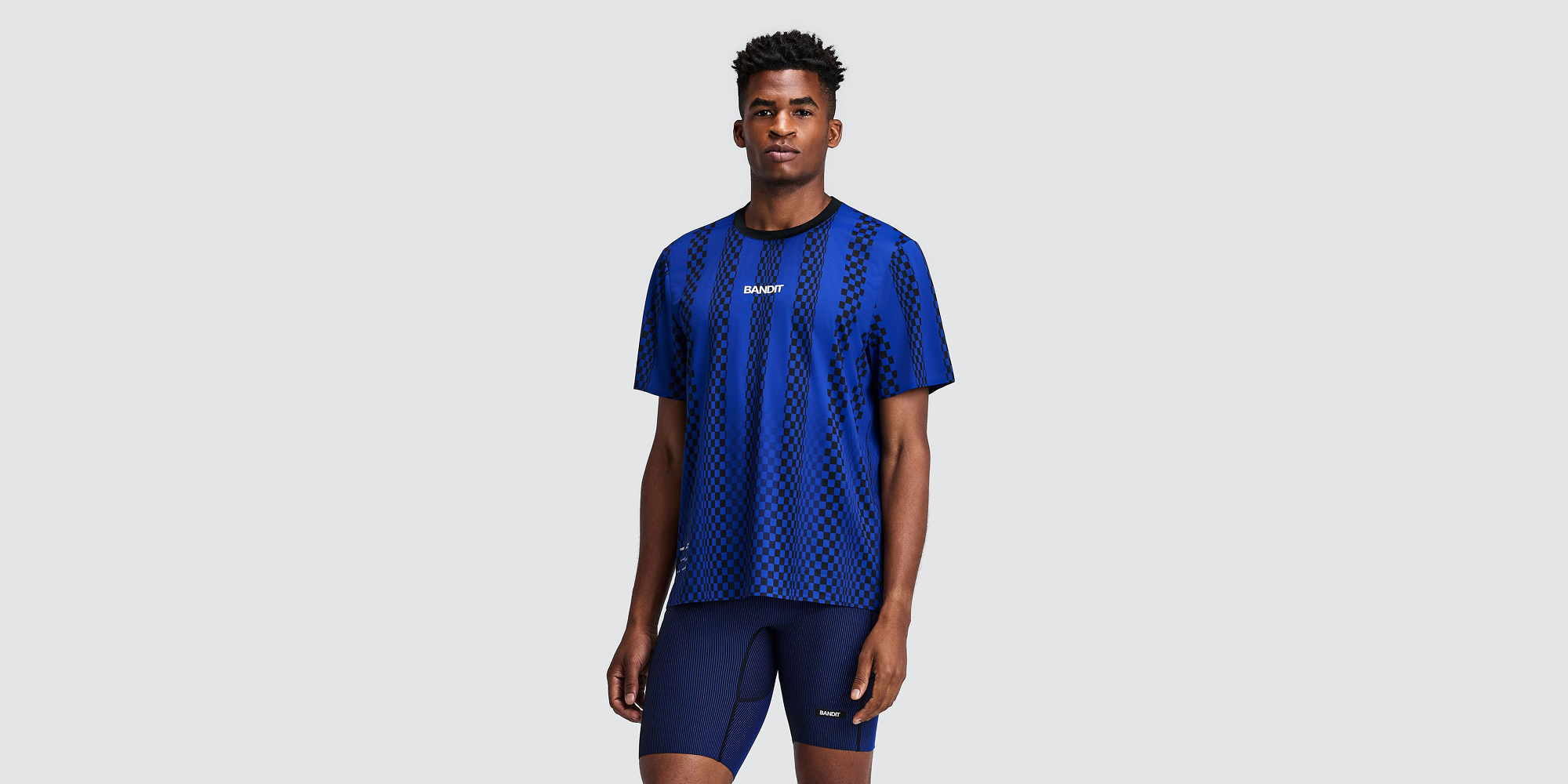 Bandit Men's Specter Performance Run Tee with Flopack Checkerboard Stripe Bauhaus Blue