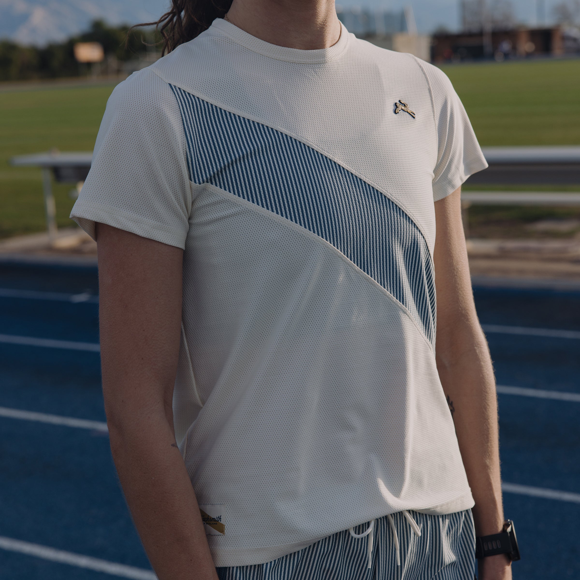 Tracksmith Van Cortlandt Tee Womens Ivory/Bering Sea Stripe - Frontrunner Colombo
