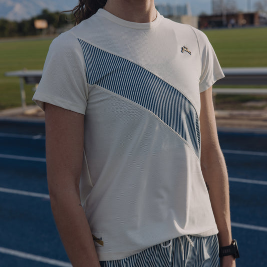 Tracksmith Van Cortlandt Tee Womens Ivory/Bering Sea Stripe - Frontrunner Colombo