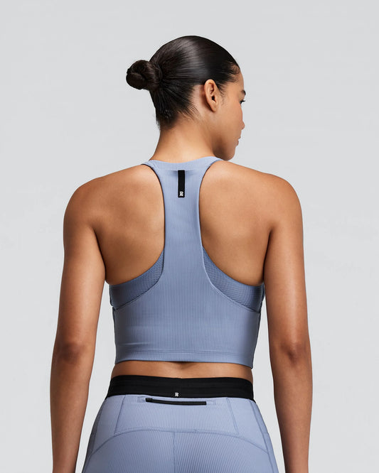 Bandit Womens Striped Cadence Zip Front T-Back Race Crop - Steel Horizon/Pavilion Blue - Frontrunner Colombo