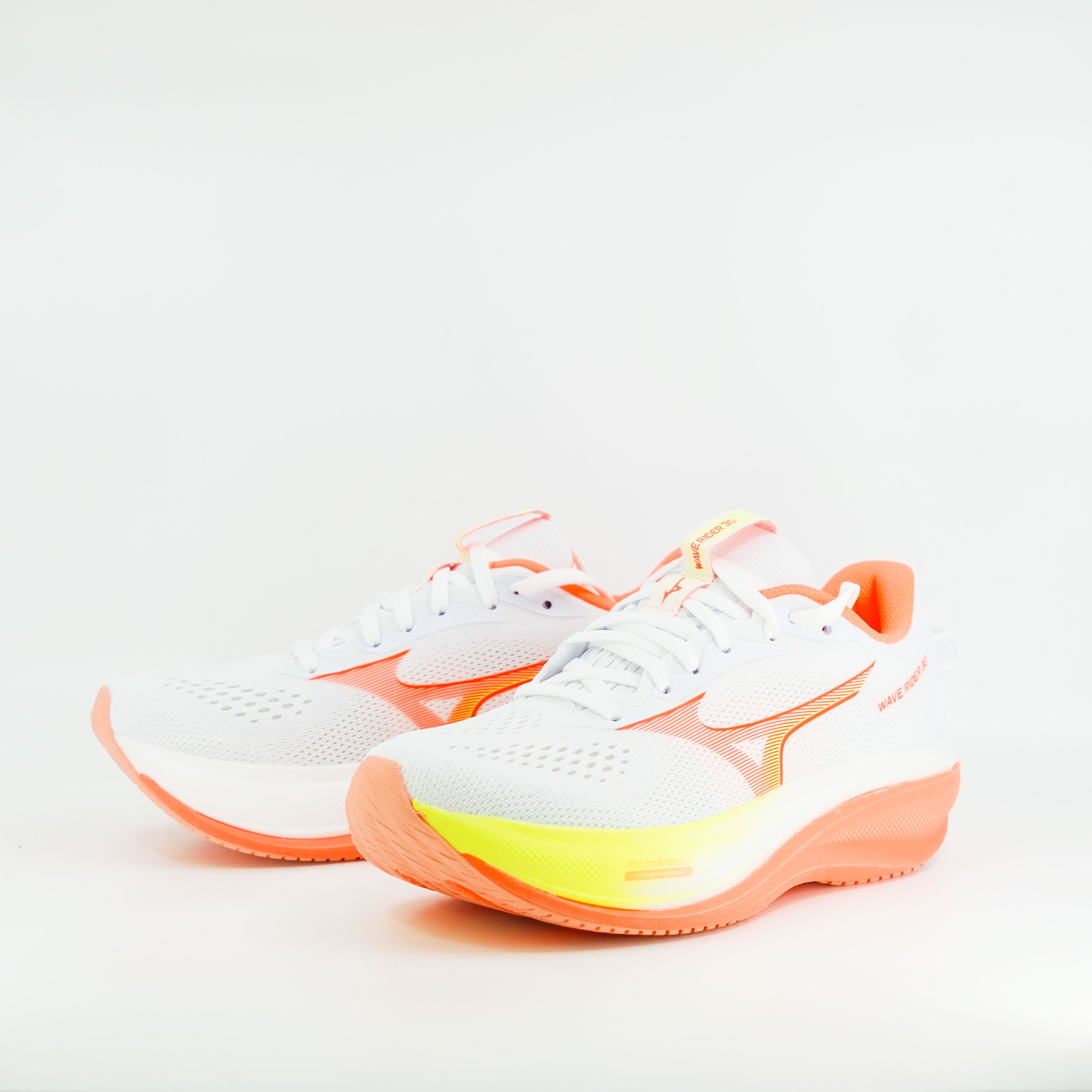Mizuno Wave Rider 30 (B Standard) Womens White/Flamingo Coral/Lime Plup - Frontrunner Colombo