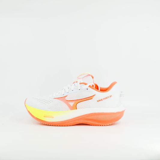 Mizuno Wave Rider 30 (B Standard) Womens White/Flamingo Coral/Lime Plup - Frontrunner Colombo
