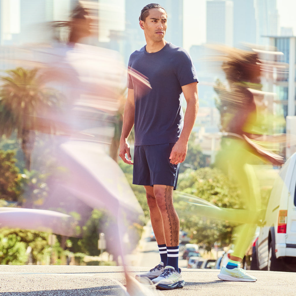 Feetures Elite Light Cushion Mini Crew Navy High Top Stripe - Frontrunner Colombo