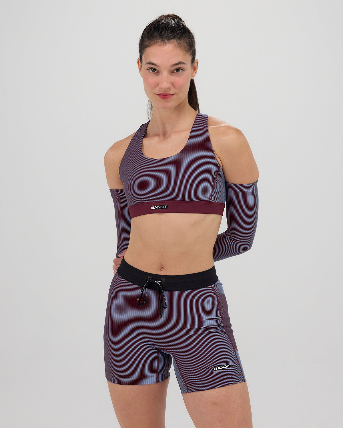 Bandit Striped Cadence™ Scoop Neck Run Bra - Fig with Vintage Blue - Frontrunner Colombo