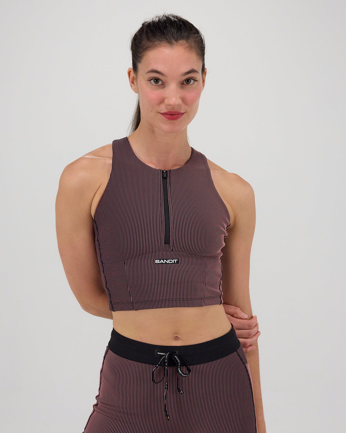 Bandit Striped Cadence™ Zip Front Race Crop - Black with Mauve - Frontrunner Colombo