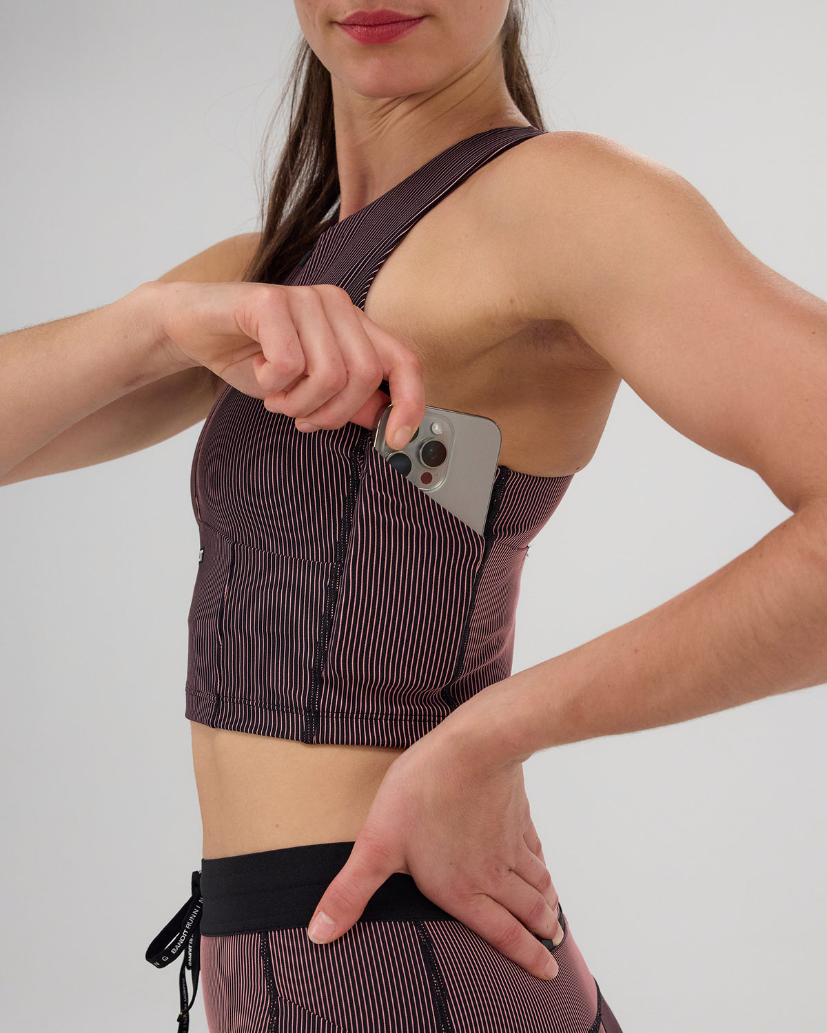 Bandit Striped Cadence™ Zip Front Race Crop - Black with Mauve - Frontrunner Colombo