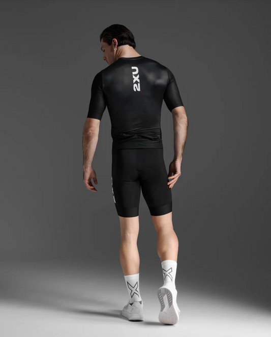 2XU Aero Hex Tri Sleeved Top (Mens) Black/White - Frontrunner Colombo