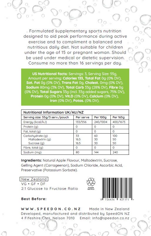 SpeedON Aqueous Gel - 100g Carb - Green Apple back label - Frontrunner Colombo