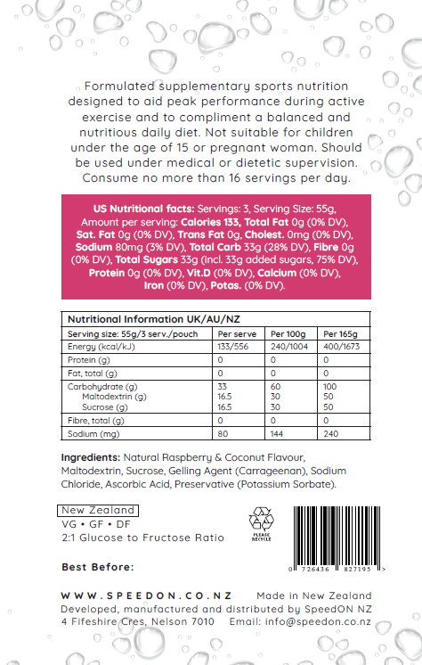 SpeedON Aqueous Gel - 100g Carb - Raspberry Lamington back label - Frontrunner Colombo