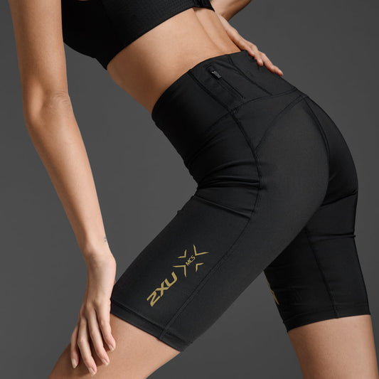 2XU Light Speed Mid-Rise Compression Shorts Womens Black/Gold - Frontrunner Colombo
