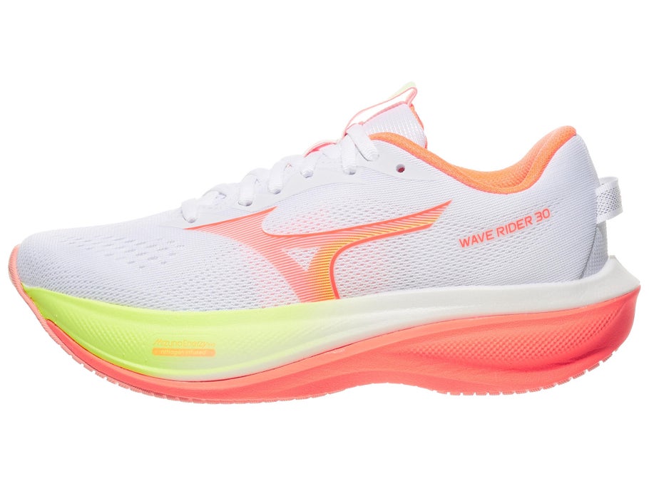 Mizuno Wave Rider 30 (B Standard) Womens White/Flamingo Coral/Lime Plup - Frontrunner Colombo