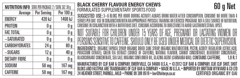 Clif Energy Chews Box of 18 Black Cherry  + 50mg Caffine - Frontrunner Colombo