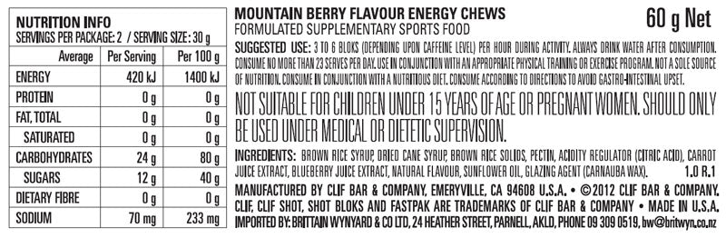 Clif Bloks Energy Chews Box of 18 Mountain Berry - Frontrunner Colombo