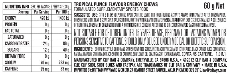 Clif  Energy Chews Box of 18 Tropical Punch + 25mg of Caffine - Frontrunner Colombo